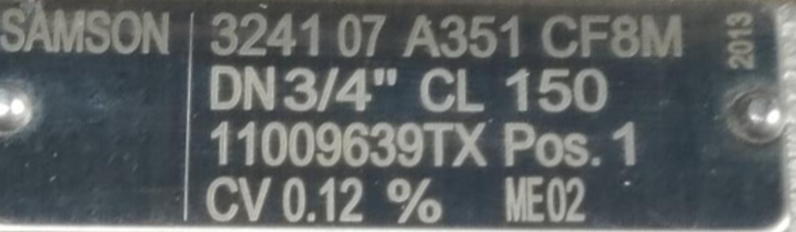 SAMSON 3/4" 150# CF8M Control Valve Model 3277 w/ 3730-3 HART Capable Positioner