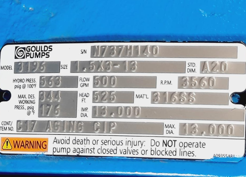 Goulds 3196 i-Frame Centrifugal Pump, 316 SS, Size  1.5x3-13 LTi