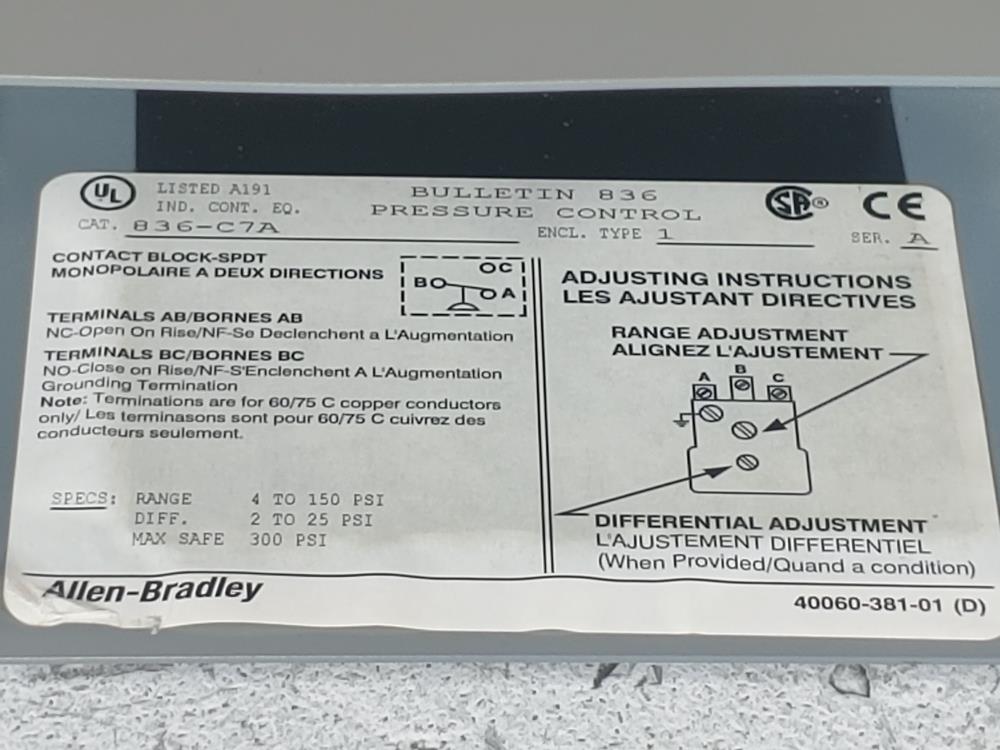 Allen Bradley 836-C7 Pressure Control Switch