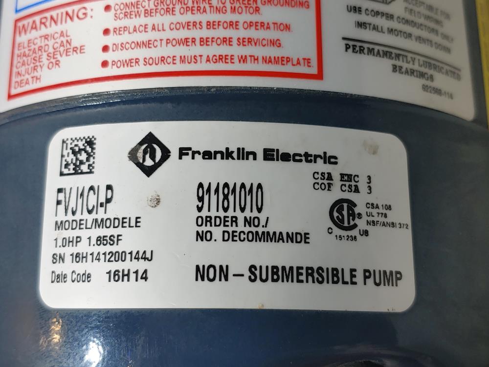 Franklin Electric Shallow Well VersaJet Series Jet Pump FVJ1CI-P w/ Motor 1.0 HP