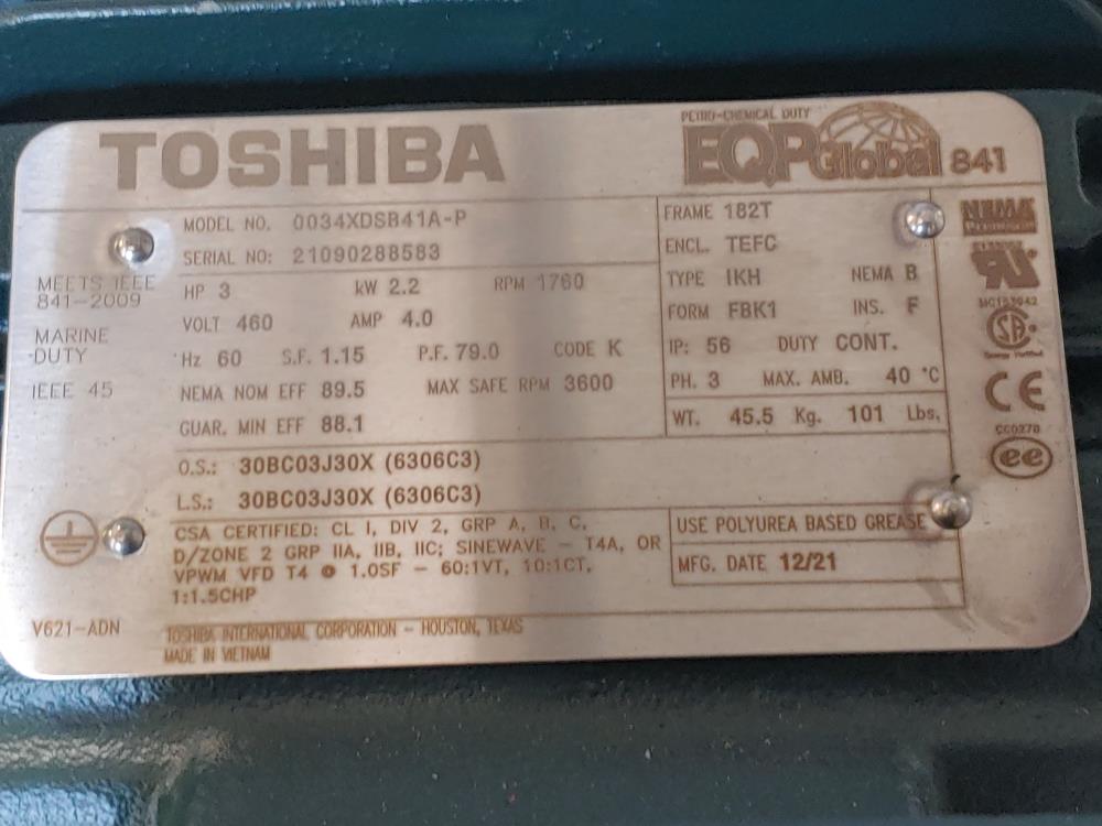 Toshiba 0034XDSB41A-P,  3HP, 1760 RPM General Purpose Motor 