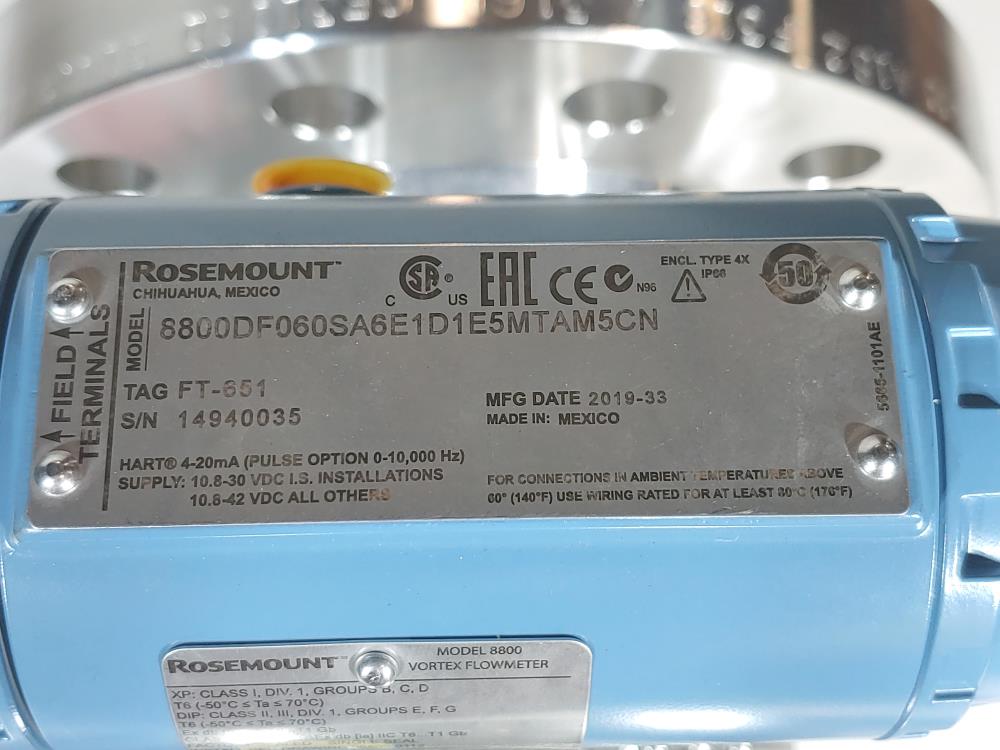 Rosemount  6" 600#  8800 Vortex Flowmeter