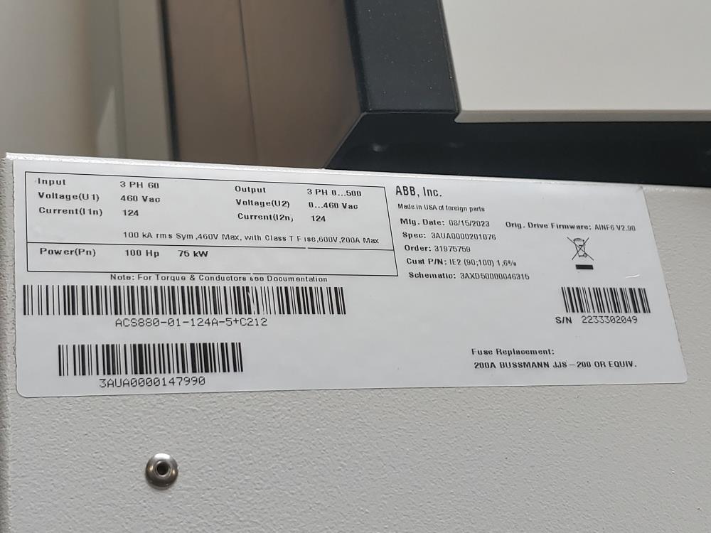 ABB AC Drive Model ACS880-01-124A-5+P922 w/ Enclosed Industrial Control ...