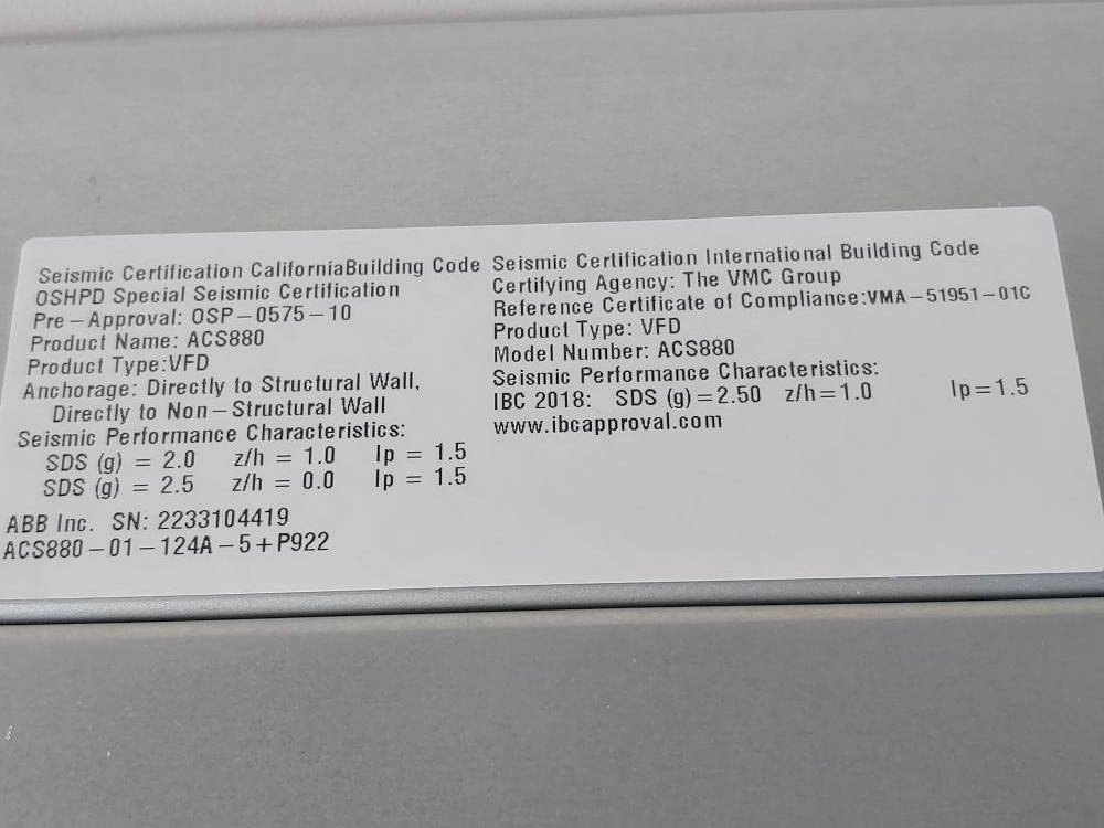 ABB AC Drive Model ACS880-01-124A-5+P922 w/ Enclosed Industrial Control ...