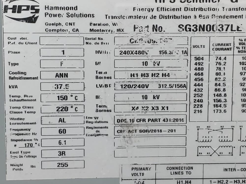 Hammond Power Solutions Sentinel G Transformer w/ Square D Circuit Breaker