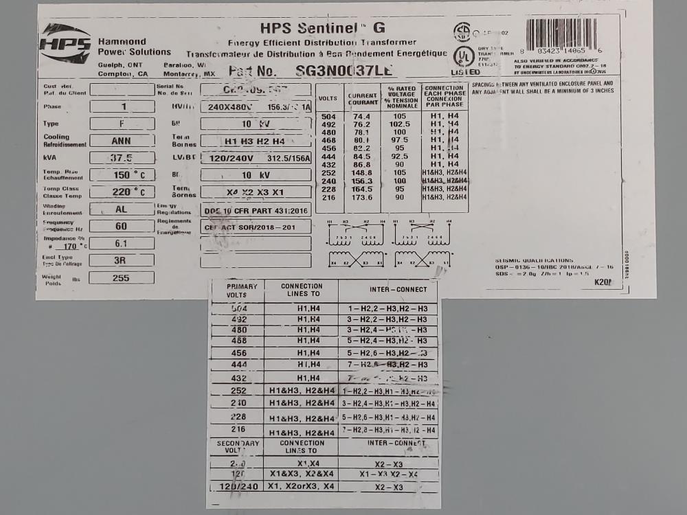 Hammond Power Solutions Sentinel G Transformer w/ Square D Circuit Breaker