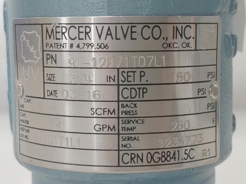 Mercer 3/4" NPT 150# CF3M Relief Valve 91-12D71T07L1