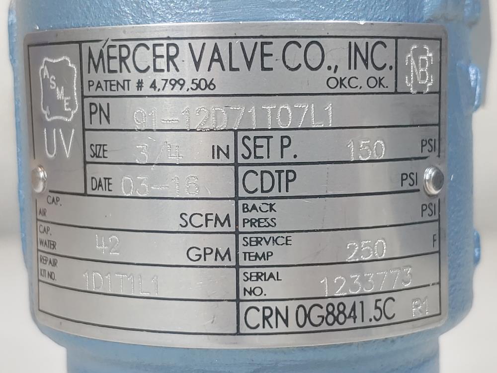 Mercer 3/4" NPT 150# CF3M Relief Valve 91-12D71T07L1