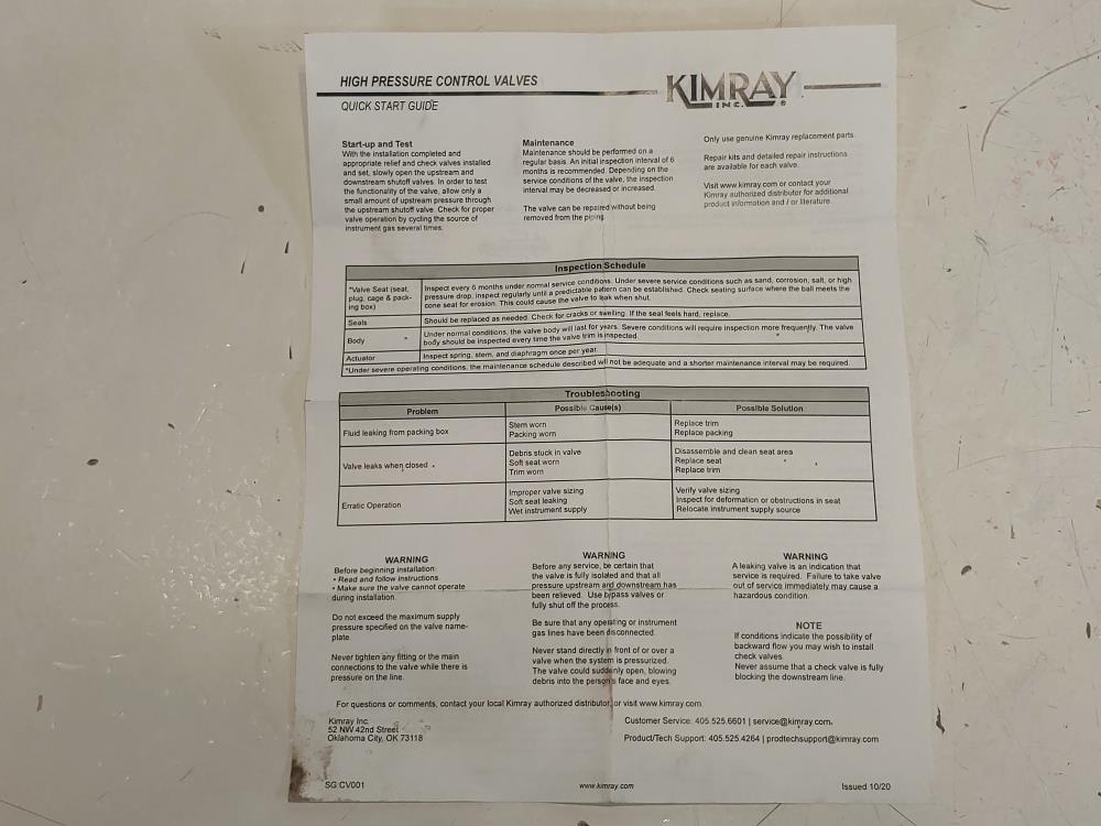 Kimray 1" Stem Guided Pressure Control Valve 1400 SMA P0 1/2IV