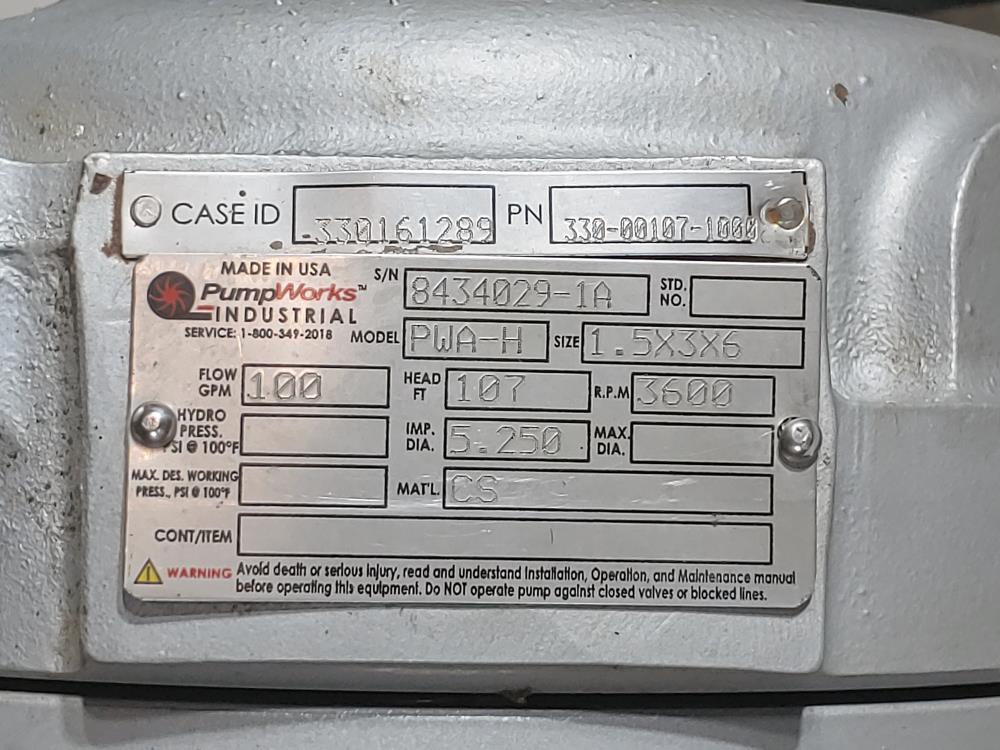 Pumpworks PWA-HT 1.5X3X6 High Temp. Horizontal Process Pump w/ Baldor 15HP Motor