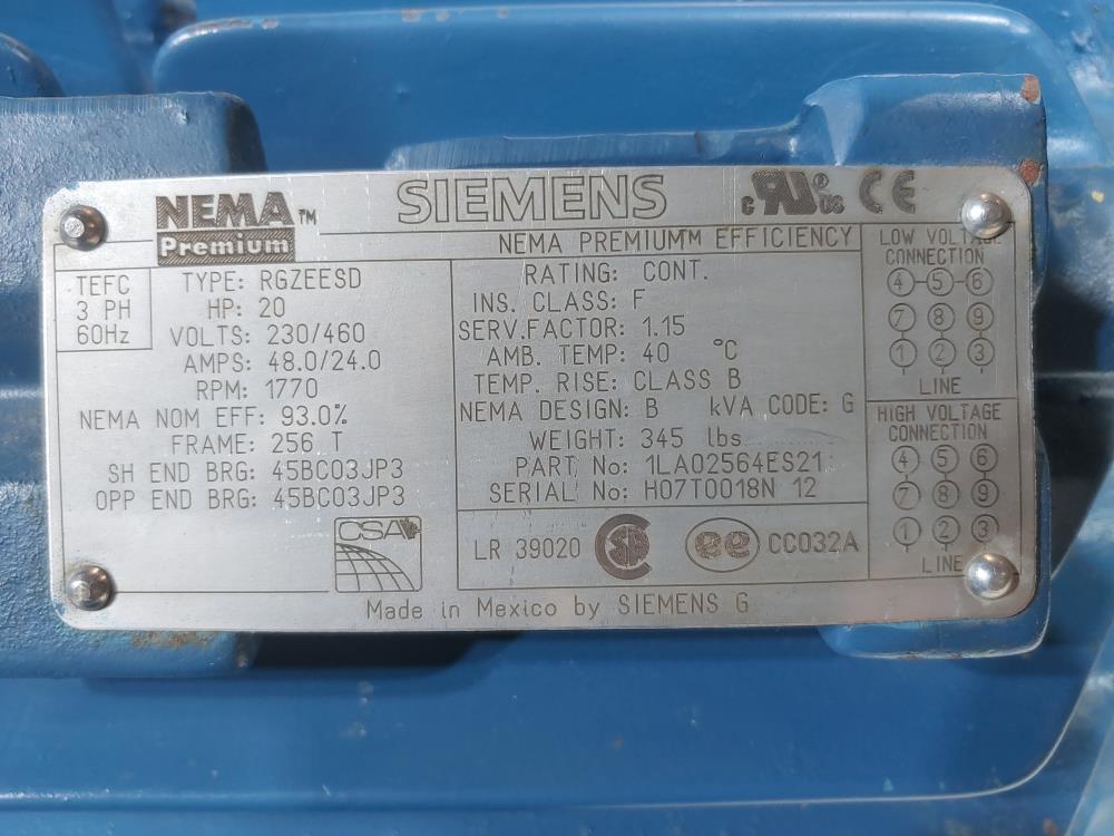 Siemens 20HP RGZEESD NEMA Premium  Efficiency Motor 1755 RPM 