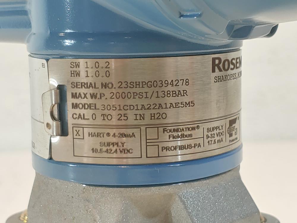 Rosemount 3051 Pressure Transmitter Model#: 3051CD1A22A1AE5M5