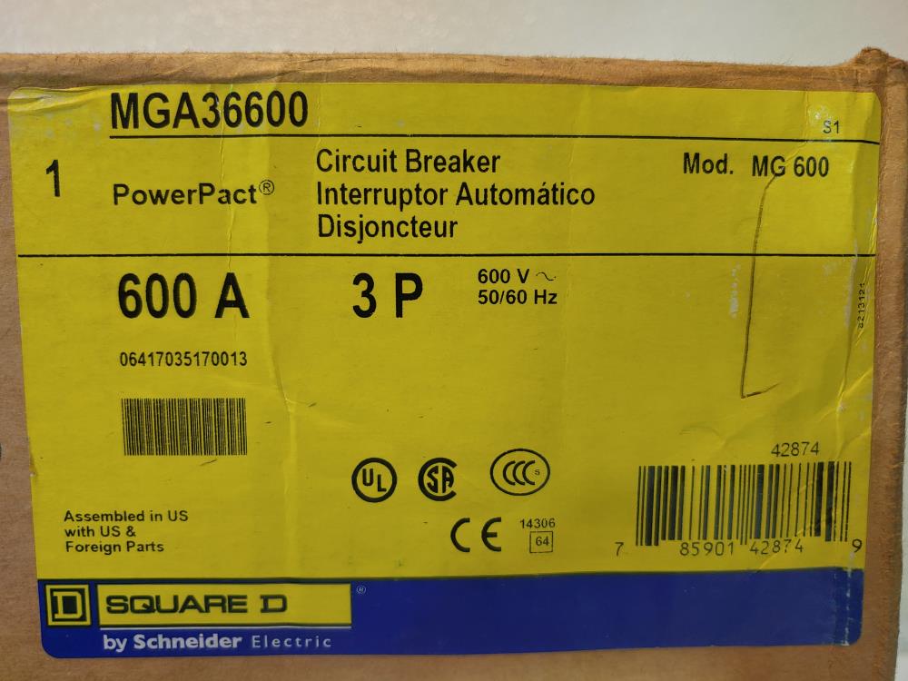 Square D 600A 3P 600V Molded Case I-Line Plug-In Circuit Breaker MGA36600