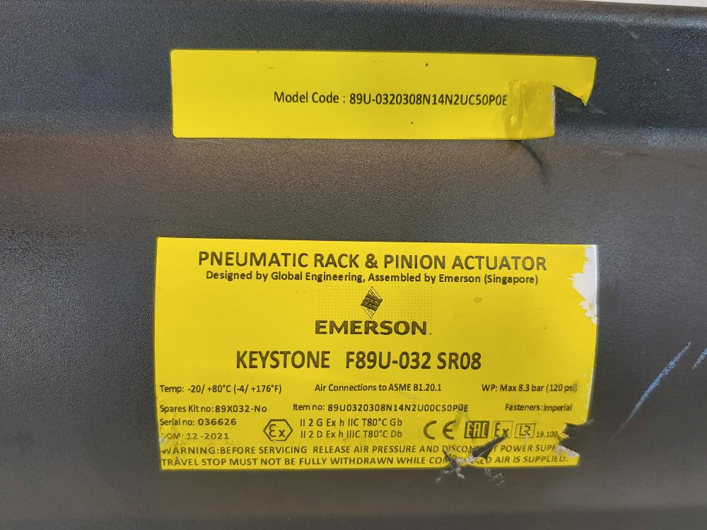 Keystone Emerson F89U-032 SR08 Pneumatic Rack & Pinion Actuator 