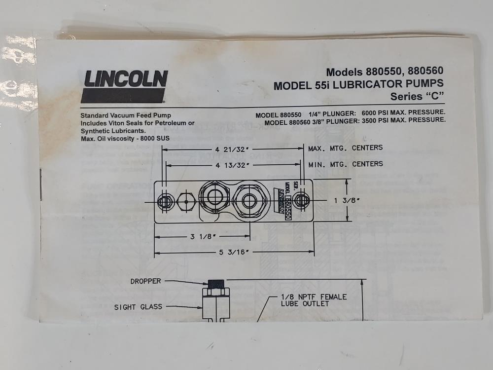 Lincoln 55i Lubricator Pump Series C Model#: 880560