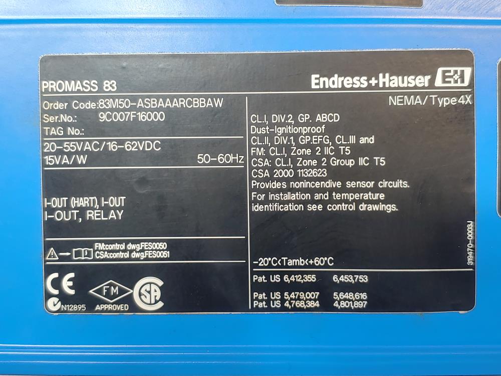 Endress + Hauser  2" 150# Promass 83 Coriolis Mass Flow Meter 83M50-ASBAAARCBBAW