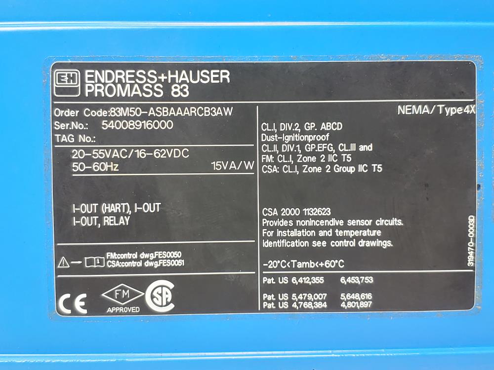 Endress + Hauser  2" 150# Promass Coriolis Mass Flow Meter 83M50-ASBAAARCB3AW