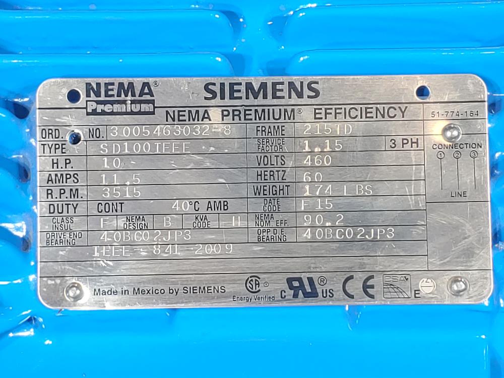 Siemens 10 HP 460 Volts, 3515 RPM, Type SD100IEEE Electric Motor