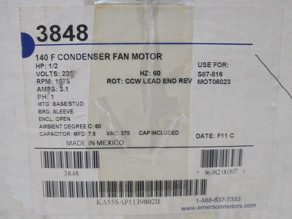 Emerson 1/2HP 3834 Condenser Fan Motor KA55HXSAP-1139