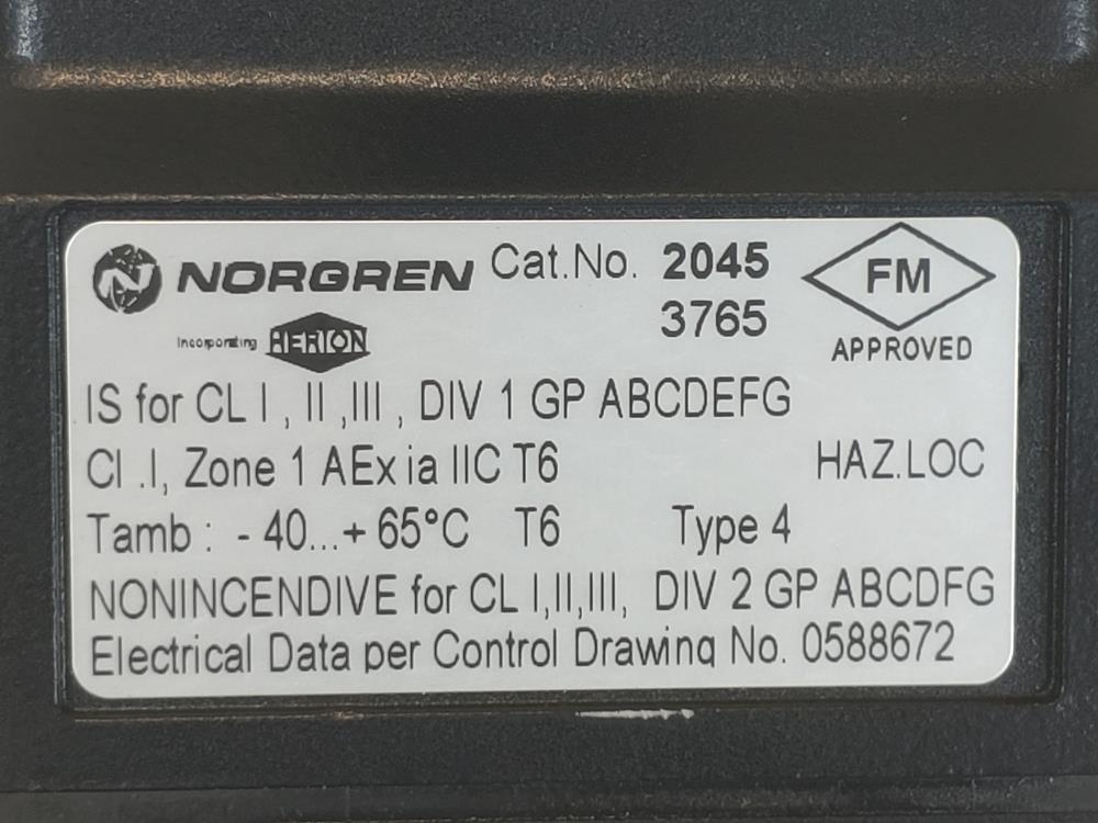 Norgren Herion CAT#: 2045 Solenoid Valve,  ID: 9713645 w/ Coil 