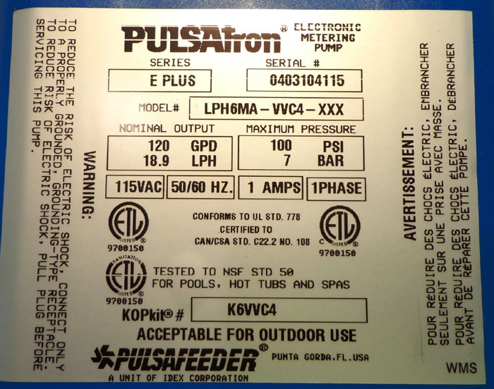 PULSATRON ELECTRONIC METERING PUMP E PLUS SERIES LPH6MA-VVC4-XXX