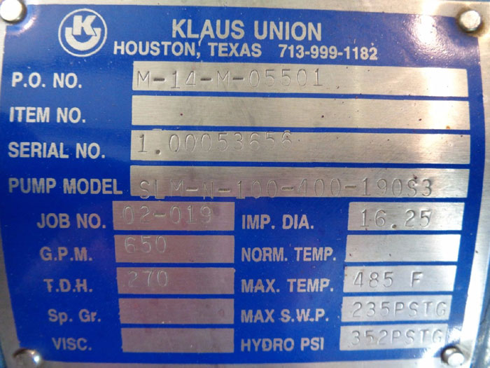 KLAUS UNION 4" X 5" 150# MAGNETIC DRIVE PUMP SLM-N-100-400-190S3