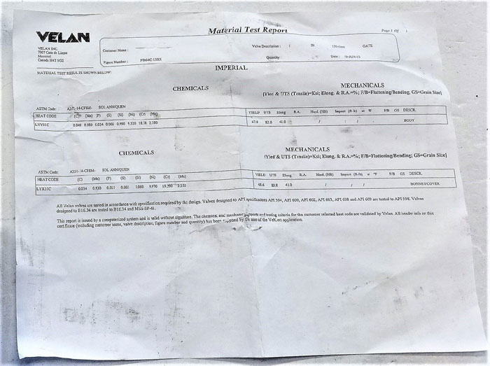 VELAN 1" 150# CF8M GATE VALVE, MODEL C #F05-0064C-13SX W/ MTR DOCUMENTATION