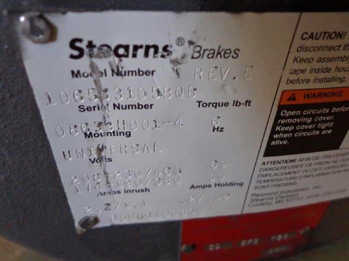 STEARNS BRAKE - MODEL: 106533105BQB w/ BALDOR MOTOR